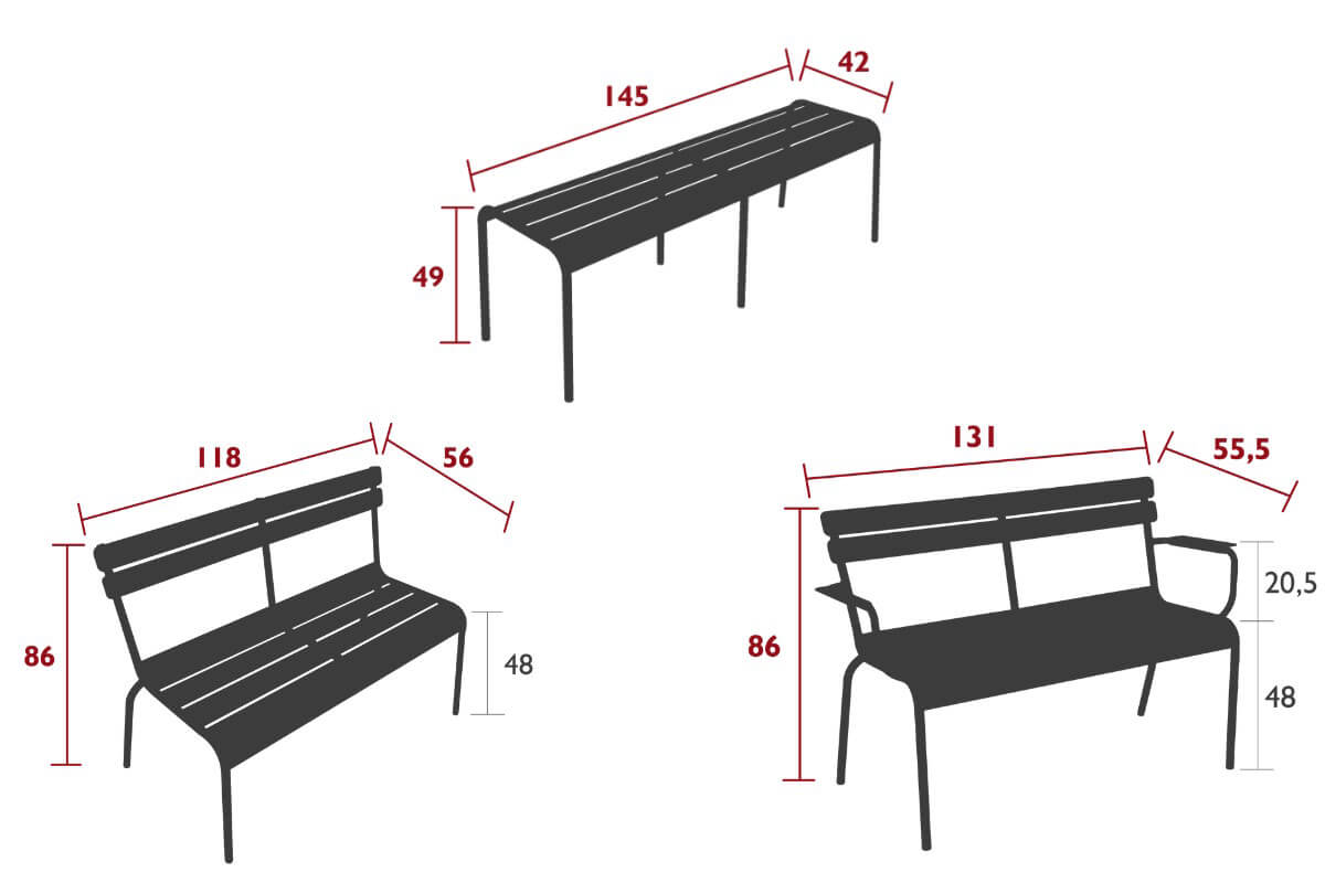 dimenzije Luexembourg vrtnih klupa